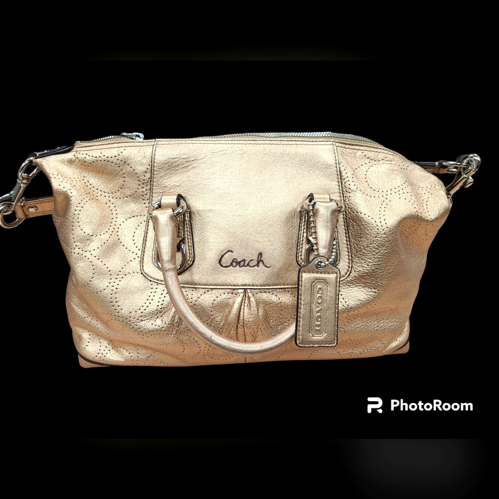 COACH ASHLEY PERFORATED METALLIC CHAMPAGNE LEATHER SATCHEL PURSE EUC